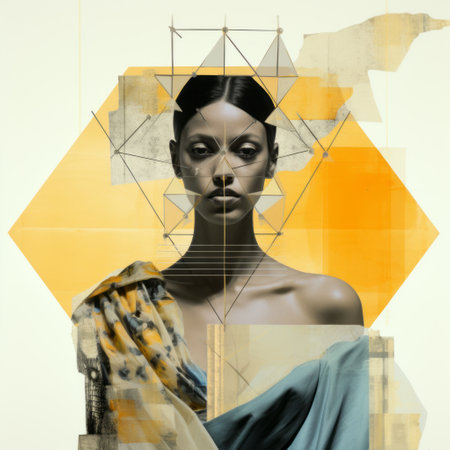 abstract fashion design illustration inspired by the style of sean yoro. the artwork features cubist multifaceted angles, showcasing a vibrant combination of dark yellow and light aquamarine. influenced by titus kaphar, the piece incorporates revived historic art forms, presenting layered portraits reminiscent of erica hopper's work. ai generatedの素材