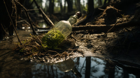 a message in a bottle floats gracefully in the water, showcasing the unique style of woodland goth. captured with the zeiss batis 18mm f2.8 lens, this conceptual installation, created using unreal engine, celebrates rural life. the mesmerizing backlight adds an enchanting touch to this scene, reminiscent of the absinthe culture. ai generatedの素材