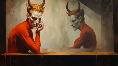 a man wearing a red costume and red horns over his face is captured in this image. the artwork, inspired by the styles of carrie graber, peter mohrbacher, and dark expressionism, showcases reflections and mirroring. the lively tableau portrays the concept of devilcore and effectively depicts trapped emotions. ai generatedの素材