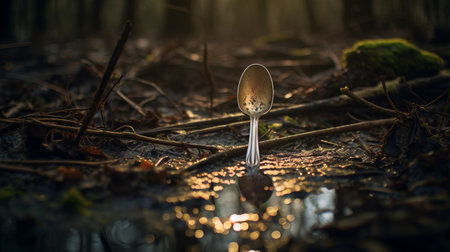 a spoon rests in muddy water, illuminated by a backlit photography technique. this forestpunk-inspired image showcases a blend of light bronze and gold tones, with a strong focus on nature. captured using a canon af35m, this uhd image beautifully encapsulates the essence of the natural world. ai generatedの素材