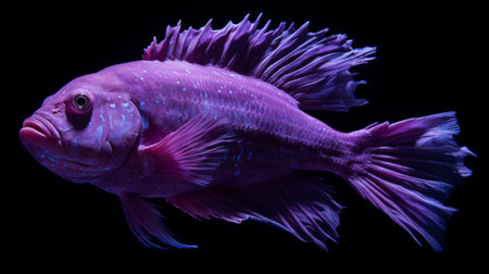 a captivating photo of a large purple fish against a black background. this stunning image is captured in the style of 32k uhd, with bold chromaticity and post-processing techniques. the fish stands out with its vibrant shades of light red and light cyan, showcasing a unique blend of tanbi kei and hermitpunk aesthetics. ai generatedの素材