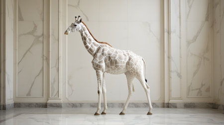a giraffe stands gracefully in a room adorned with gold marble trim, reflecting the monochromatic style of sculptor nikolina petolas. the light white and light gray hues create a serene ambiance, while the glazed surfaces add a touch of elegance. this artwork combines elements of net art, patricia piccinini's whimsical aesthetics, and playful geometrics. ai generatedの素材