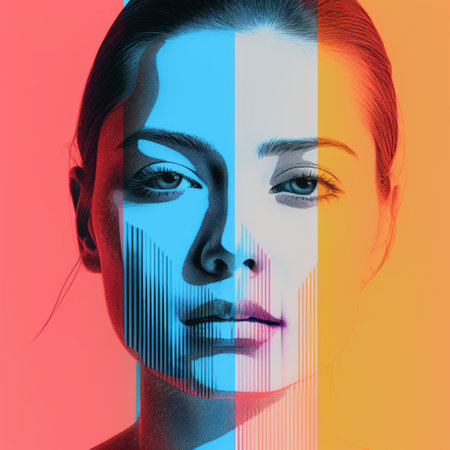 a woman's side view is captured in this colorful photo collage art, featuring an anaglyph effect. the dynamic and exaggerated facial expressions, along with striped compositions, create a visually striking image. this uhd image, created by eiko ojala, showcases portraits with soft lighting and a graphic, symmetrical style. ai generatedの素材