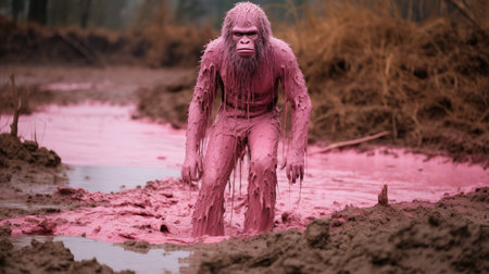 a man in pink stands on a muddy ground, embodying the style of fantastic creatures. this anthropological photo captures the animal intensity of the subject. with elements of photobash, it resembles a national geographic shot. the image also exudes a unique blend of slimepunk aesthetics and iconic pop culture references. ai generatedの素材
