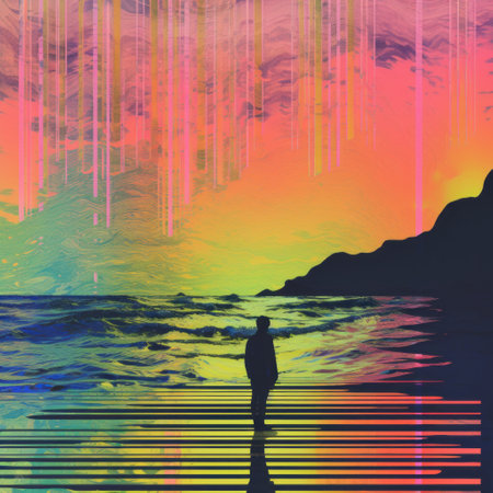 one person stands on the beach, surrounded by rainbows flowing over the sea. this psychedelic graphic design showcases generative art with neon-infused digitalism. the flat perspective, inspired by calarts, enhances the moody colors and fragmented elements of the composition. ai generatedの素材