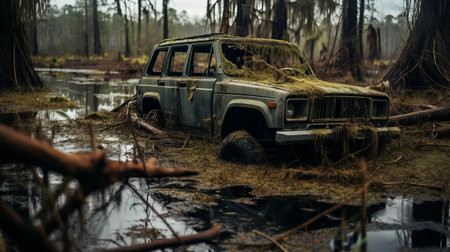 a damaged jeep sits on a wooded road in the swamp, captured in the style of realistic, emotive portraits. this photograph embodies suburban ennui, with vintage aesthetics and a touch of scoutcore. the meticulous photorealistic still life showcases the haunting beauty of the southern gothic atmosphere. shot with the sony alpha a1. ai generatedの素材