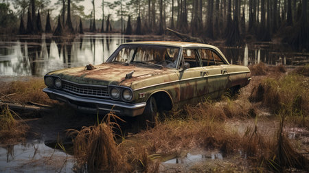 an older-than-life car is seen resting in the swamp, surrounded by a dense forest. this photorealistic portrait captures the essence of american tonalist art, with elements of supernatural realism. the image resembles a captivating national geographic photo, showcasing the beauty of the southern countryside. the uhd quality allows for a detailed view of the rusty debris surrounding the car. ai generatedの素材
