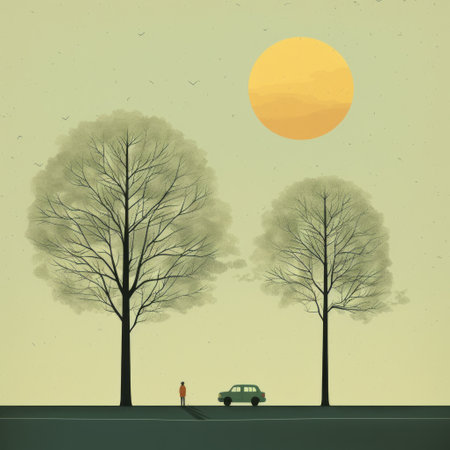 a vibrant retro-style illustration featuring a road flanked by two trees. this atmospheric shot captures a sense of quiet contemplation, reminiscent of mid-century illustrations. the artwork showcases environmental portraiture with a trace monotone effect, reminiscent of vintage poster styles. ai generatedの素材