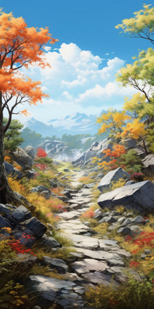 a photo of a forest nestled in the mountains under a vibrant autumn sky. this realistic image, with elements of fantasy, showcases the neogeo style. the accurate and detailed depiction is highlighted by a combination of light blue and orange hues. with its realistic details, this photo captures the essence of nature and embodies the concept of hikecore. ai generatedの素材