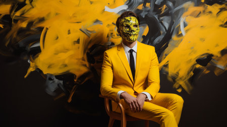 a man sitting on a chair, wearing yellow body spray, in the style of illusory wallpaper portraits. the photo showcases ritualistic masks, elegant and emotive faces, and vibrant chaos. the composition is eye-catching, reminiscent of a hard edge painter's work. this high-quality photo captures the essence of the subject in a visually striking manner. ai generatedの素材