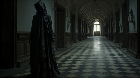 a gloomy figure stands on a checkered hallway in this intriguingly taboo portrait. with a witchy academia style, the 8k resolution captures every detail of the scene. inspired by giorgio barbarelli da castelfranco, the image merges elements of cryptid academia and darkest academia. the use of cryengine adds depth and realism to this captivating composition. ai generatedの素材