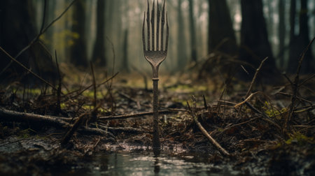 a fork, in the style of woodland goth, is stuck in the middle of the muddy mud. this surreal and dreamlike composition features a medieval-inspired, photorealistic pastiche. the image captures a moody and atmospheric ambiance, with an organic feel and a grandeur of scale. ai generatedの素材