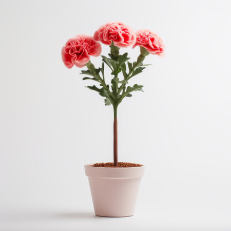 pink carnation flower pot with vibrant pink flowers on a clean white background. this photo showcases a humorous tone with muted colorscape mastery and minimal retouching. the dark orange and white color scheme adds to its beauty. the toy-like proportions and cartelcore style make this image truly captivating. ai generatedの素材