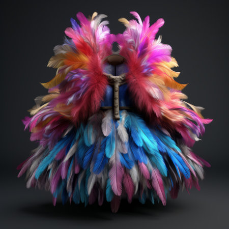 a dress adorned with vibrant feathers, showcasing a stunning blend of colors. this unique garment, created using cinema4d and maya, captures the essence of supernatural creatures. reminiscent of a national geographic photo, the dress combines elements of soft sculptures and angelcore, resulting in a captivating display of crossed colors. ai generatedの素材