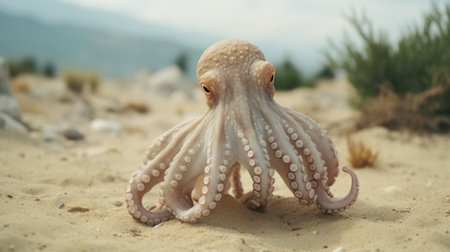a large octopus, rendered in maya using vray tracing and photo-realistic techniques, is seen sitting on top of the sand. the selective focus adds a realistic touch to the image, while the recontextualized ivory color enhances its visual appeal. ai generatedの素材