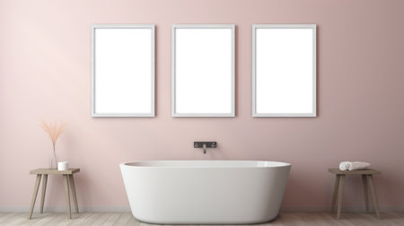 three frames hang on the wall of a room featuring a bathtub and a wooden chair. the frames are in a clean-lined style, with a color palette of light pink and light crimson. the image is captured in 8k resolution, showcasing vibrant color choices within a limited color range. the composition highlights a subtle tonal range, creating a visually appealing and framed atmosphere. ai generatedの素材