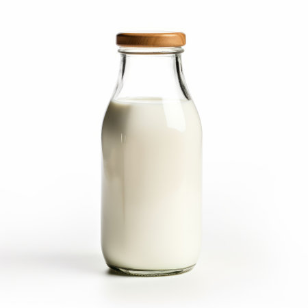 a bottle of milk is showcased on a clean white background, featuring vray tracing for a realistic effect. this captivating photo, inspired by the artistic styles of carl larsson, fawncore, drugcore, and jean-lon grme, is texture-based and available under the creative commons attribution license. ai generatedの素材