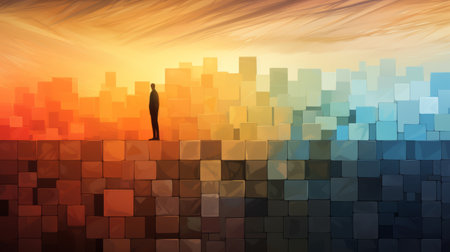 the illustration showcases a landscape divided into large squares, with contrasting chiaroscuro. the drawing, created in a careless style, features angular figures and is drawn in pencil and colored. this 8k artwork captures a unique blend of contrasting elements and a sense of spontaneity. ai generatedの素材