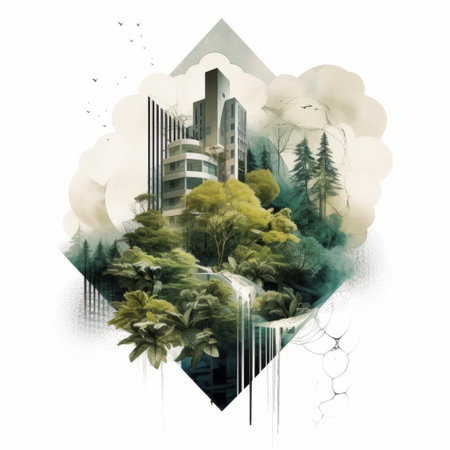 a graphic print featuring a city overlaid on top of trees, showcasing a conceptual digital art style. the image portrays a mysterious jungle with a double exposure effect, incorporating elements of neo-concrete art. the angular composition creates a harmonious blend with nature, while the geometric balance adds visual appeal. ai generatedの素材