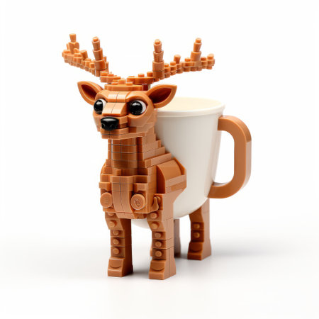 a lego reindeer mug sits on a white surface, showcasing a unique blend of vray tracing, cybermysticsteampunk, and dansaekhwa styles. the innovative composition captures the essence of the mug, while the brown tones and caffenol developing technique add a touch of vintage charm. this photo features the lego reindeer mug in a captivating and artistic manner, with a nod to the ilford delta film aesthetic.の素材