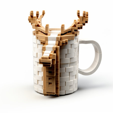 the lego deer is showcased in a unique display, nestled within a white and black cup adorned with fur. this artistic creation draws inspiration from the styles of vincent callebaut, lawren harris, and johnson tsang. the design incorporates elements of medieval inspiration, masonry construction, and pixelated aesthetics, resulting in a captivating blend of light brown and white tones. ai generatedの素材
