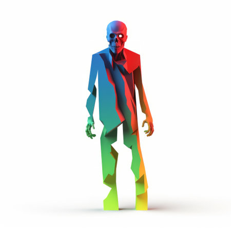 a color paper zombie vector is available for purchase at the price of 1 credit, equivalent to 1 usd. this vector artwork showcases a unique style reminiscent of chromatic sculptural slabs. the zombie appears visionary and otherworldly, with a slender and pseudo-realistic depiction. the inclusion of naturalistic shadows creates an optical illusionist effect, resulting in a full-bodied representation. ai generatedの素材
