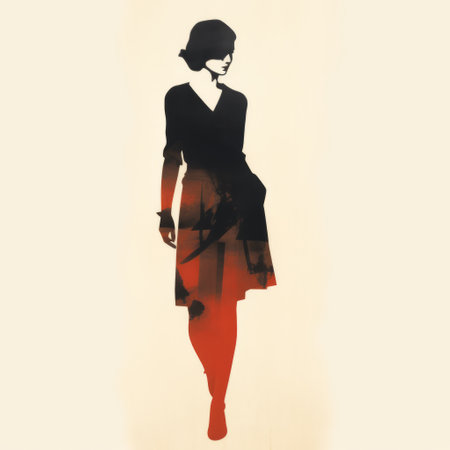 a girl in a red dress artprint, featuring stylized figures in the style of dark black and light amber. this fashion illustration by karine eibatova and florian nicolle is printed on smooth beige stock with ink on paper, giving it a matte finish. the artwork showcases an elegant use of negative space and incorporates multiple exposure techniques. ai generatedの素材