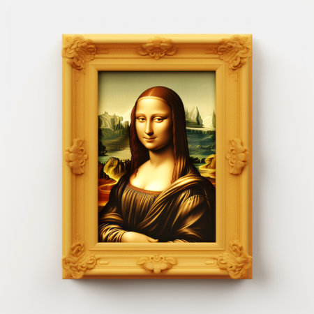 a painting in a yellow frame, reminiscent of leonardo da vinci's style, showcases a realistic and detailed rendering. the artwork features a combination of light brown and black hues, incorporating personal iconography. the artist skillfully employs realistic usage of light and color, resulting in a visually captivating piece. this painting draws inspiration from colorful woodcarvings and is created using daz3d technology. ai generatedの素材