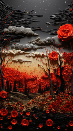 a 3d artwork featuring a painting of storm clouds over a red field, created in the style of debbie criswell. the artwork is made of sequins and gems, giving it a dotted, quilling effect. inspired by the impasto frenzy of gustave dore and the monochrome painting techniques of svetlin velinov, this piece showcases brushwork mastery and realistic landscape paintings. ai generatedの素材