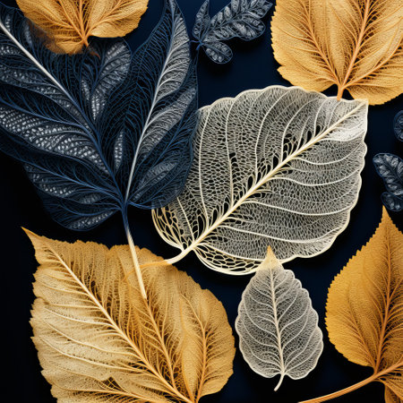 autumn leaves in light gold and dark blue style, captured in a detailed feather rendering. this decorative paper wallpaper and background features sculptural engraving, layered mesh, and a touch of silver and gold. created by the talented artist eiko ojala, this artwork showcases the beauty of nature through focus stacking techniques. ai generatedの素材