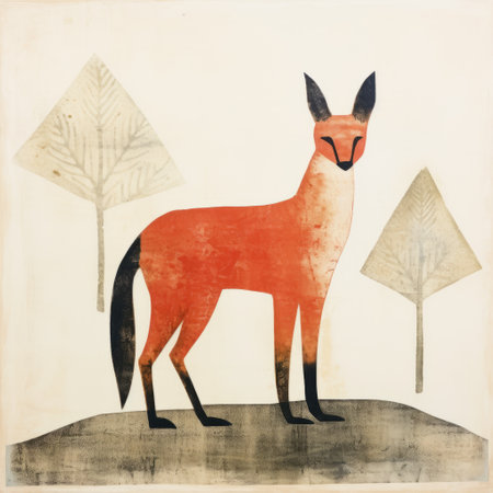 an ink on paper drawing of an animal standing by trees, showcasing the artistic styles of petrina hicks, jon klassen, and tarsila do amaral. the artwork features a combination of light orange and dark crimson hues, reminiscent of large-scale paintings. influenced by hopi art and minimalistic canine sculptures, this piece captures the essence of nature and simplicity. ai generatedの素材