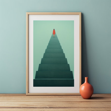 a framed picture captures a girl standing atop a staircase, displayed on a vibrant shelf. the artwork showcases a minimalistic, geometric style with a color palette of dark turquoise and light red. this 8k resolution photograph features a matte finish, highlighting the inspirational scene of the girl in a landscape. ai generatedの素材