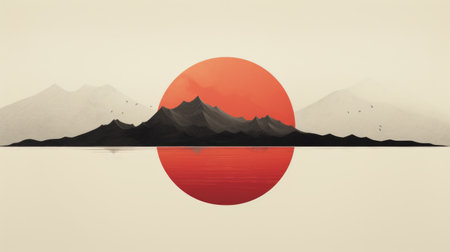 sunset over japanese-inspired mountains and lake, showcasing conceptual minimalism and symmetrical balance. the hyperrealistic illustration captures the natural world's sensitivity with its light red and dark beige hues. this uhd image immerses viewers in a serene and breathtaking scene. ai generatedの素材
