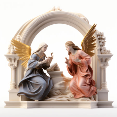 christmas figurine of the angel and the baby jesus, captured in a stunning 3d print stock image. this exquisite piece showcases the baroque style of religious scenes, with intricate details and vibrant colors. the confessional atmosphere is beautifully portrayed through the high-quality photo, highlighting the polychrome sculpture. the symmetrical composition adds to the overall aesthetic appeal. ai generatedの素材
