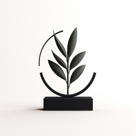 a green leaf is showcased on a sleek black metal background in this minimalist sculpture. the illustration is isolated on a white backdrop, creating a striking contrast. inspired by egyptian iconography, this award-winning piece features circular shapes and intricate details. crafted with eco-friendly materials, this miniature sculpture embodies the artistry of sketchfab and showcases impeccable craftsmanship. ai generatedの素材