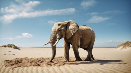 an elephant, inspired by the african influence and captured in the style of john wilhelm and alessio albi, joyfully scoops up sand on the beach. this unpolished and authentic moment, reminiscent of imax documentaries, exudes a sense of optimism. juergen teller would surely appreciate the raw beauty of this scene. ai generatedの素材