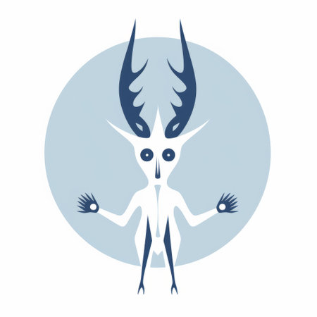 a deer in a striking pose, extending its right arm, reminiscent of the illustrations found in the necronomicon. the image features a minimalistic and symmetrical design, with a light color palette of white and blue. influenced by dogon art, it evokes a sense of otherworldly beauty, with elements of gothic grotesque figures and circular shapes. ai generatedの素材