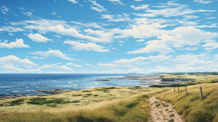 a grassy hillside next to the ocean, captured in 8k resolution, showcases the realistic figurative paintings of a photorealist painter. the majestic and sweeping seascapes are rendered with a painterly style, evoking a sense of kintsukuroi. the perspective rendering adds depth and dimension to this breathtaking scene. ai generatedの素材