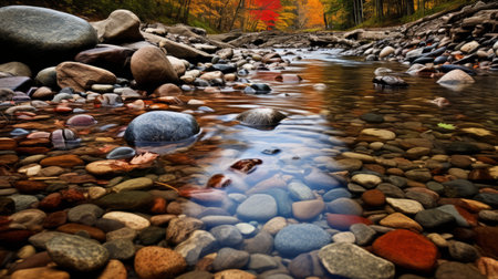 a stunning autumn landscape captured in a high-quality, photo-realistic image. the photo showcases a creek with rocks at its edge, bathed in the warm hues of red and amber. the sunlight adds a beautiful touch, creating a glassy translucence. this national geographic-worthy photo perfectly captures the essence of fall colors in a breathtaking scene. ai generatedの素材