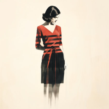 women in long dresses, styled by andreas levers, are depicted in this retro illustration. the dresses feature red and brown stripes, adding a touch of elegance to the high contrast black and white design. with realistic details and a nod to american mid-century design, this artwork by krenz cushart captures the essence of elegant clothing. ai generatedの素材