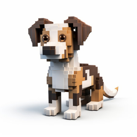 a photorealistic rendering of a simple lego dog on its own base. the dog is white and brown, creating a mosaic composition with vibrant color blocks. the digital gradient blends and multilayered dimensions add depth to the 32k uhd image. ai generatedの素材