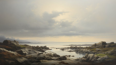 a hyperrealistic fine art painting depicting a rocky landscape with a captivating sky backdrop. the muted tonality adds depth to the scottish and mediterranean landscapes, creating an atmospheric environment. this panoramic artwork beautifully combines elements of marine life and fine art photography, showcasing the artist's skill in capturing the essence of nature. ai generatedの素材