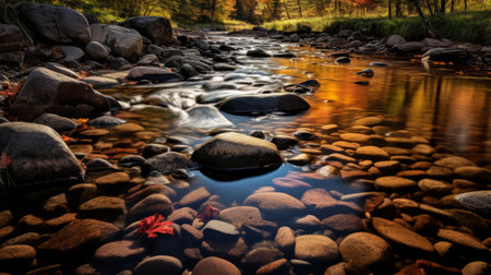 rocks clump along a stream, showcasing the vibrant autumn colors of dark red and light amber. this photograph by dimitry roulland captivates with its dramatic use of perspective, creating a sense of serenity and harmony. the poignant symbolism is enhanced by the fish-eye lens, adding a touch of intrigue to the overall composition. the warm tones of light gold and red further enhance the visualの素材