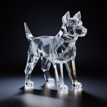 crystal glass dog figurine with fragmented icon style and layered translucency, inspired by the works of paula scher and rendered in maya by kengo kuma. this sophisticated woodblock design showcases a perfect blend of transparency and opacity, creating a visually stunning and unique piece of art. ai generatedの素材