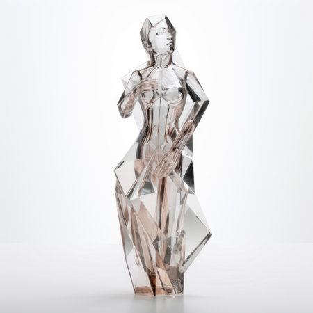 crystal glass female figurine with a fragmented icon style, showcasing layered translucency. this exquisite piece, rendered in maya by paula scher, draws inspiration from the concepts of transparency and opacity. designed by kengo kuma, the figurine's sophisticated woodblock detailing adds a touch of elegance. the white isolated background enhances its beauty. ai generatedの素材
