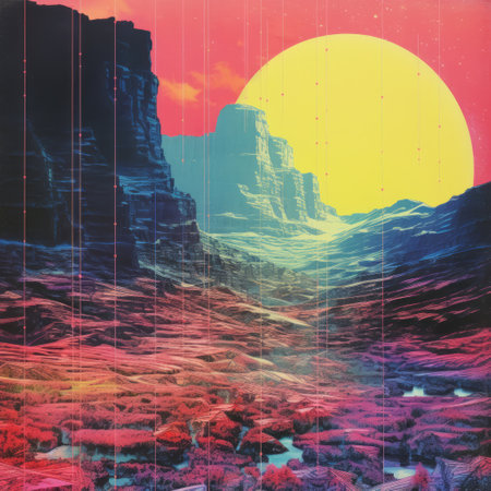 a colorful glitch art painting depicting a desert landscape with mountains and a vibrant sun. the detailed and layered composition showcases the unique style of lith printing, with dark cyan and magenta hues. this artwork beautifully combines the elements of a metropolis and nature, incorporating vintage imagery and embracing the lunarpunk aesthetic. ai generatedの素材