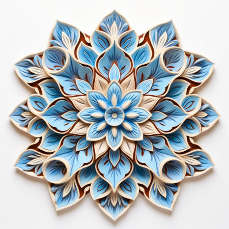 a blue flower with whitish leaves and blue paper, showcasing the style of colorful woodcarvings and optical art. this exquisite craftsmanship creates a mesmerizing piece with multilayered dimensions. the flower is surrounded by terracotta medallions, adding to the striking symmetrical patterns. the installation creator has skillfully brought together various elements to create a visually captivating artwork. ai generatedの素材