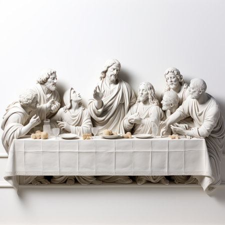 a 3d rendering of a sculpture depicting jesus seated at the last supper. this sculpture is created in the style of luca della robbia and features intricate details in ivory. inspired by the works of jan weenix, it is showcased in a lightbox, creating lively tableaus. the composition draws influence from the die brucke movement, with isolated figures capturing the essence of the scene. aiの素材