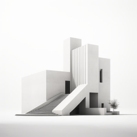 a modern building featuring minimalist monochromatic landscapes and conceptual sculptures. the building showcases pristine geometry and incorporates elements of revived historic art forms. the stairs and staircases add depth and dimension to the overall design. rendered in maya, this architectural masterpiece stands out with its maquette-like appearance and isolated landscapes. ai generatedの素材