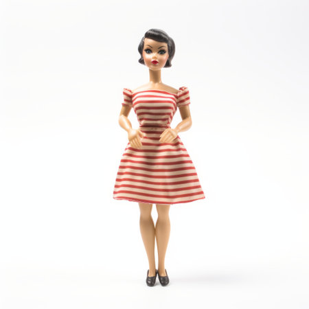 a fashion doll barbie is captured in a studio portrait, wearing a red and white outfit with horizontal stripes, reminiscent of traditional vietnamese fashion. the photo, taken with adox silvermax film, showcases the doll's light pink and dark bronze color palette. this associated press image presents a whimsical cartoon mis-en-scene. ai generatedの素材